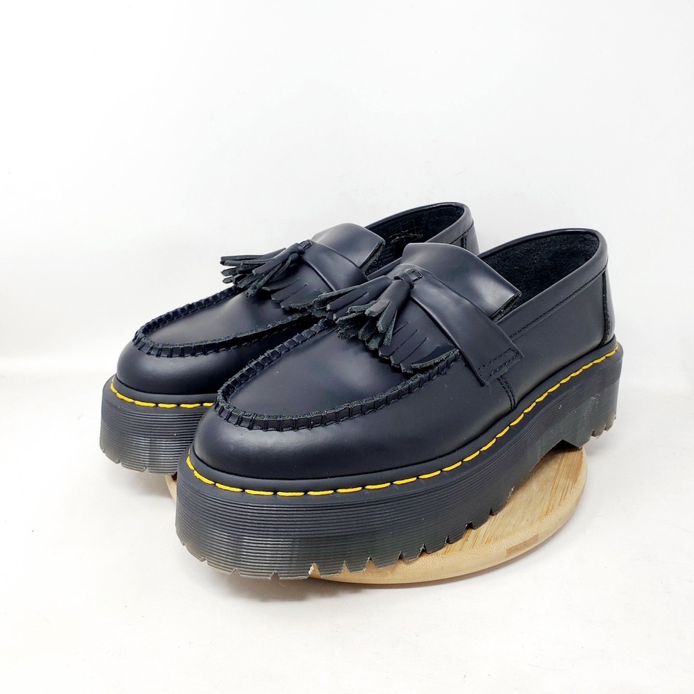 Dr. Martens Black Leather Platform Tassel Loafers with Yellow Stitch - Picture 6 of 14